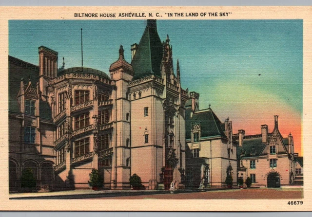 Asheville NC Postcard Biltmore House Estate Front View Vintage Linen entrance