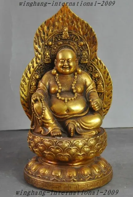 7" Old Chinese Buddhism Temple Bronze Gilt Wealth Lucky Maitreya Buddha Statue