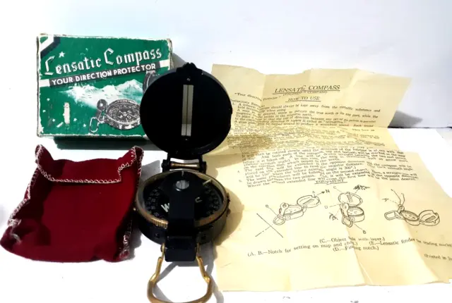 Vintage Lensatic Engineers Compass Japan With Original Box Pouch Instructions