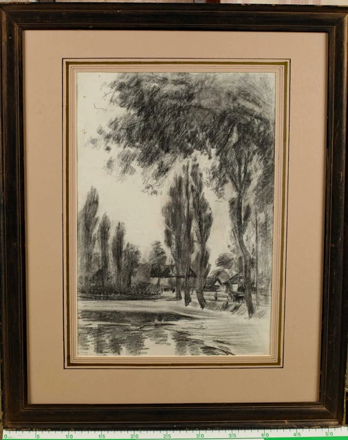 Dibujo Antiguo Paisaje Impresionista Um 1900 Lago Pueblo Árbol Álamo