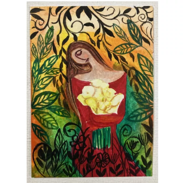 ACEO ORIGINAL PAINTING Mini Art Card Nature Woman Girl Flowers Princess Ooak
