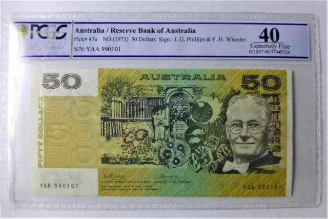 Australian 1973 $50 Phillips Wheeler First Prefix YAA990101 Extremely Fine Note