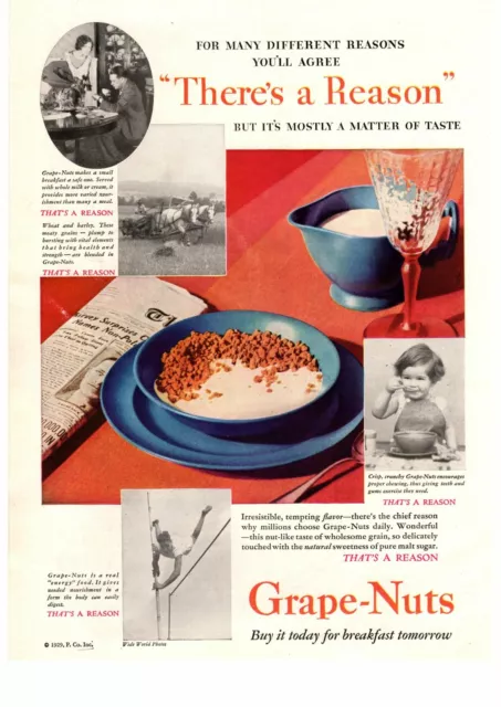 1929 Post Grape Nuts Breakfast Cereal "There's A Reason" Pole Vaulter Print Ad