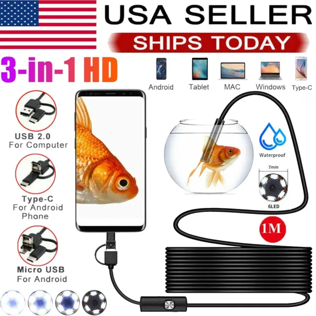 7mm LED HD Snake Endoscope Borescope Inspection Camera for USB Type C Android PC