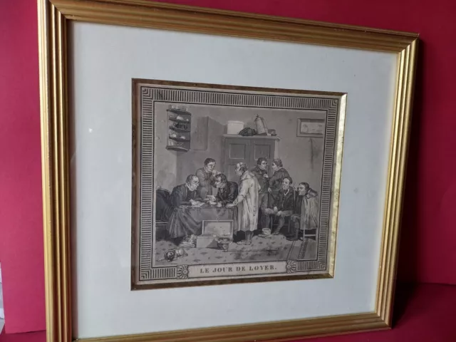 Gravure ancienne, dans son cadre en bois doré. Le jour du loyer . XIX ème. Paris