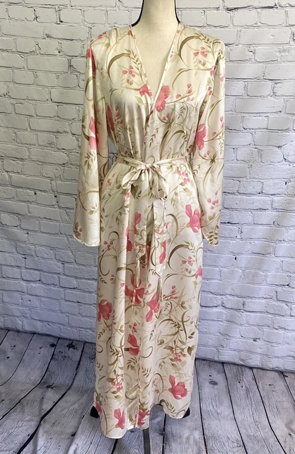 Valerie Stevens Women’s Sexy Long Robe Tan Pink Floral Design 100% Silk Small