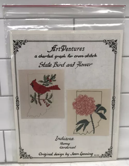 Cross-Stitch Pattern State Bird & Flower Of Indiana Cardinal & Peony
