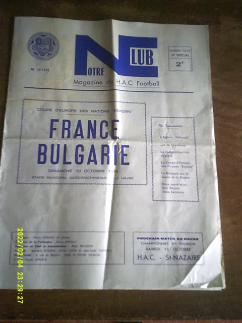 1976 Hac   Football Programme France Bulgarie Espoir  Au Havre  Pecout Bousdira