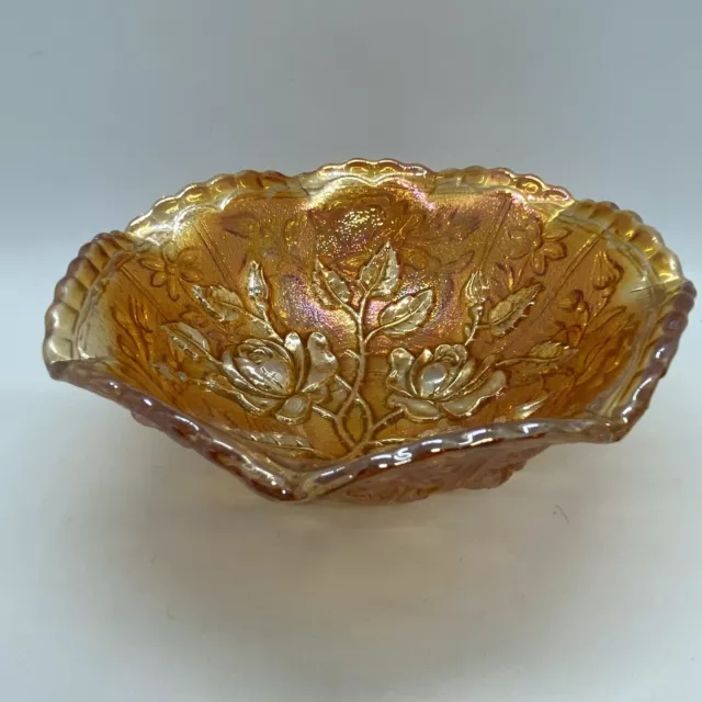 Small Vintage Marigold Carnival Glass Bowl With Roses and Flowers Ruffled Edge