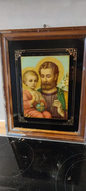 Altes Heiligenbild Holzrahmen  Josef und Jesuskind Gold Rahmen Glas 41 x 33