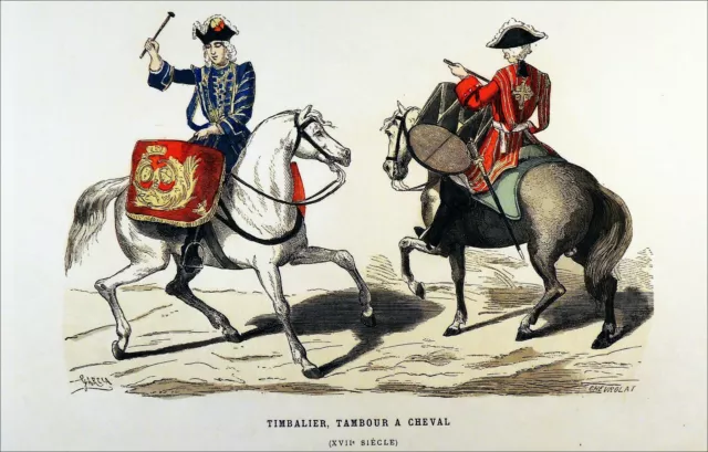 CÉLEUSTIQUE - TIMBALIER & TAMBOUR à CHEVAL sous  LOUIS XIV - Gravure 19e siècle