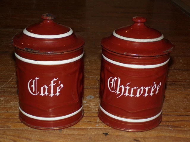 Ancien pot à épices en tôle émaillée Chicorée décor Lustucru - La Roue