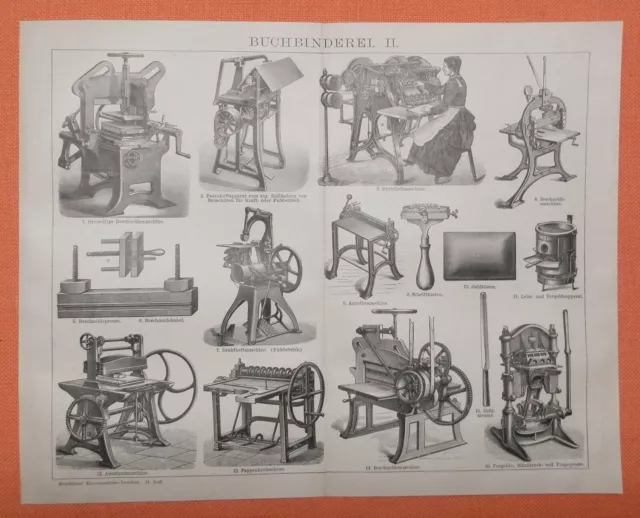BUCHBINDEREI Buchbinder Falzmaschine Beschneidemaschine Holzstich 1895
