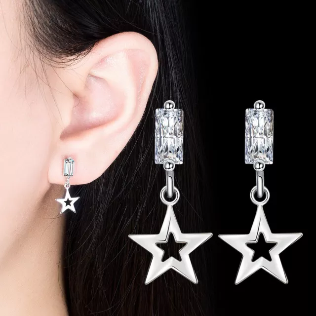 925 Sterling Silver Star Dangle Crystal Stud Earrings Womens Fashion Earrings