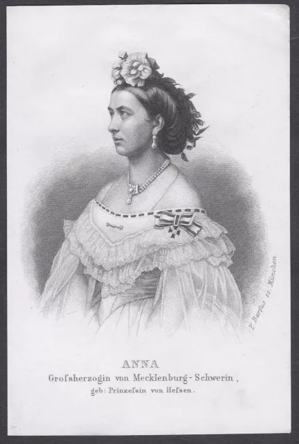 Anna Di Hessen Darmstadt Mecklenburg-Schwerin Ritratto Incisione Acciaio 1860