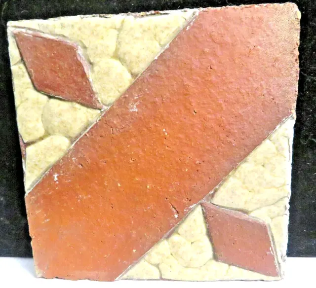 Vintage Grueby Pottery Early 1900's 4" by 4" Geometric Rust on Off White Tile