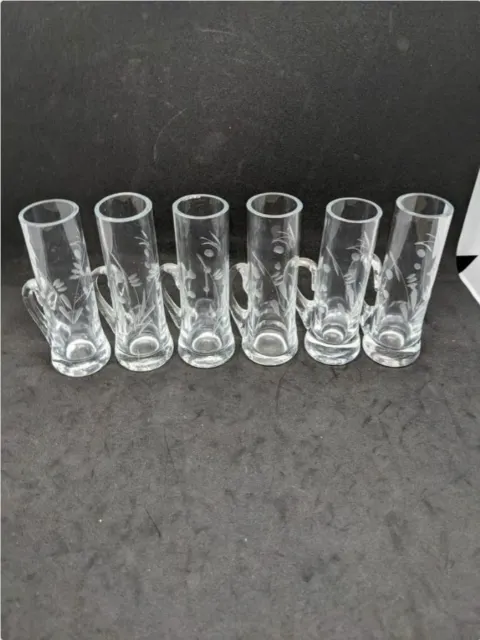 Vintage Cordial Glass Set of 6 Clear Etched Glass Floral Pattern Austrian Glass