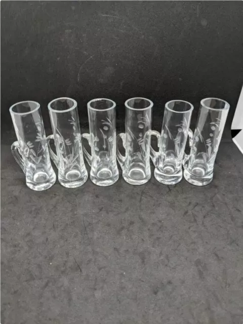 Vintage Cordial Glass Set of 6 Clear Etched Glass Floral Pattern Austrian Glass