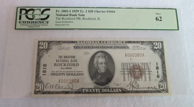 Ch# 1816, The Rockford National Bank, $20 Type 1, Pcgs Graded 62