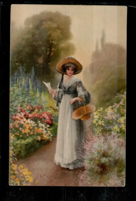 Postcard woman garden flowers, artist small format