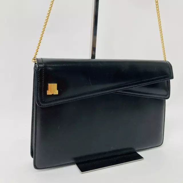 LANVIN Paris Chain Shoulder Bag Black Gold Logo Vintage Ladies From Japan Used