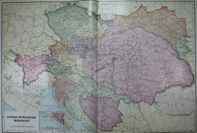 Old (Lg14x22) 1904 Cram's Atlas Map ~ AUSTRIA - HUNGARY ~ Free S&H ~Inv#312