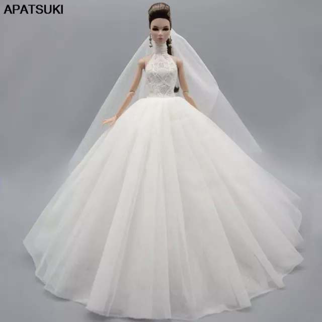 Weißer hoher Hals Hochzeitskleid für Barbie-Puppe Outfits lange Kleid & Schleier