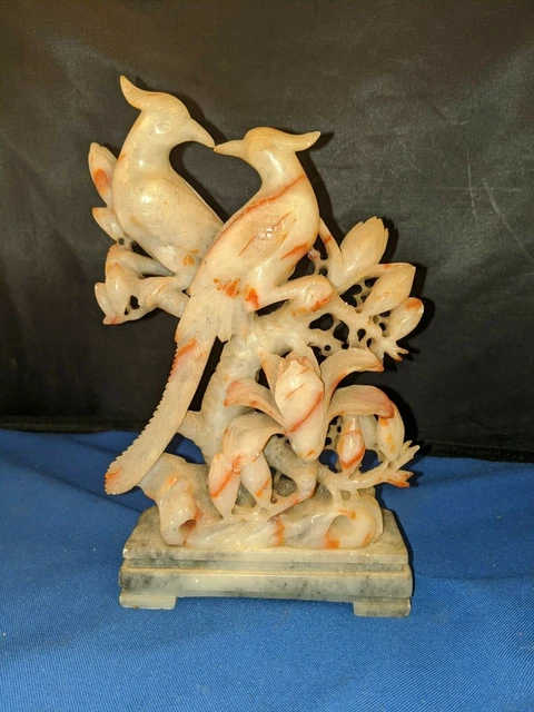 Chinese handcarved multi color Soapstone Sculpture Birds with Flowers approx 8"H