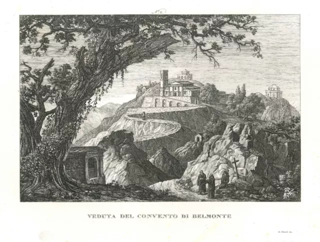Acquaforte Antica 1845 Zuccagni Veduta Convento Di Belmonte ( Valperga Torino )