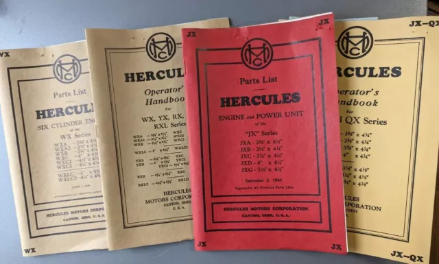 4 Hercules Motors Operator's & Parts List Handbook WX JX-QX WX YX RX & RXL serie