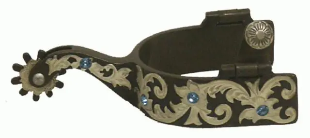 Engraved Western Saddle Horse Show Spurs Brown w/Silver + Blue Bling! Adult size