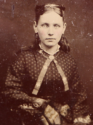 Antique 1860's Tintype Photograph Pretty Woman Civil War Era Polka Dot Dress