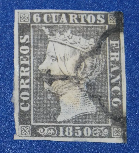 SPAIN, EDIFIL 1 A, 1st stamp "black" (1850) Type II. 6 cu. Queen IsabeL II-  X2