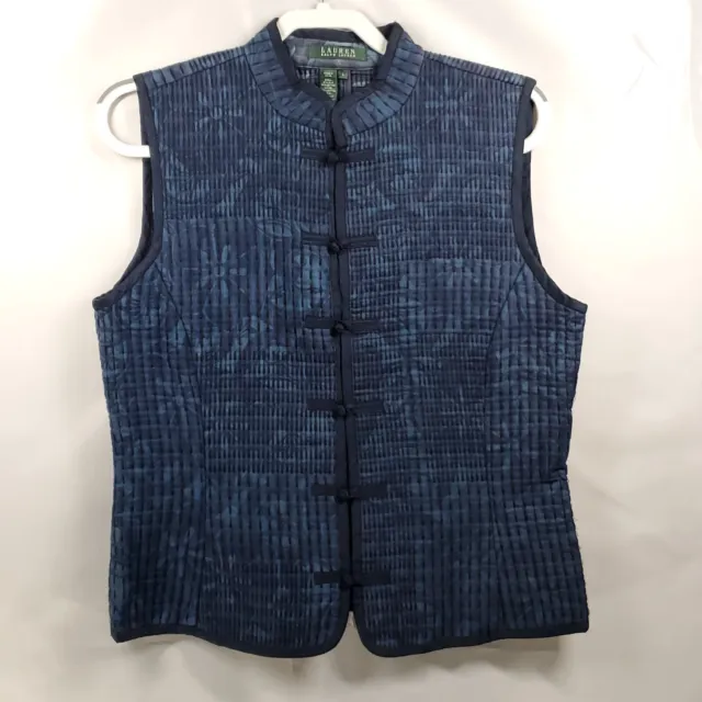 Lauren Ralph Lauren Blue Quilted Vest Floral Silk Cotton Fabric Button Wms Sz L