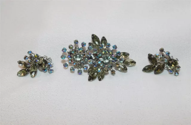 Vintage Pin Brooch and Clip Earrings Set Blue AB Rhinestones