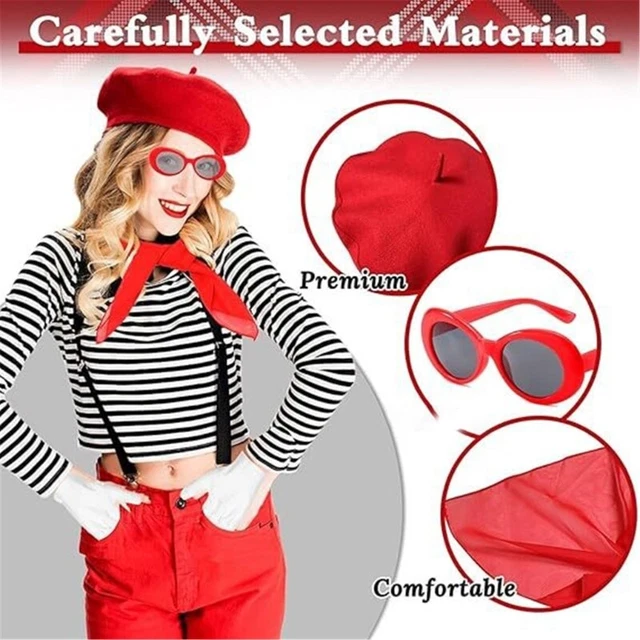Französisches Herren-Kostüm-Set – Inkl. Roter Baret, Schal, Knoblauch-Halskette & 6 Schnurrbärte Für Cosplay & Mottopartys