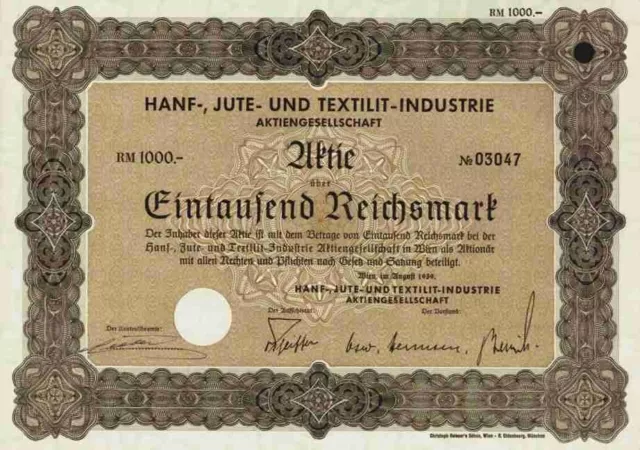 Hanf Jute und Textilit AG 1939 Wien Simmering Pöchlarn Ebenfurth Palanka 1000 RM