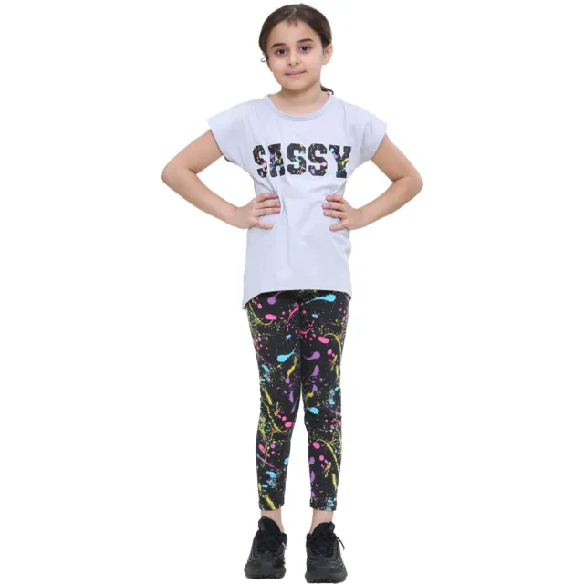 Girls Top Kids Short sleeves Grey Sassy Print Splash T Shirt Legging Outfit Set