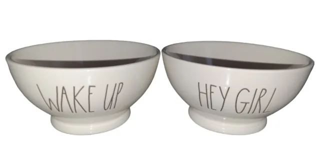 CEREAL/SOUP BOWLS RAE DUNN ARTISAN WHITE "HEY GIRL" and "WAKE UP"  PEDESTAL