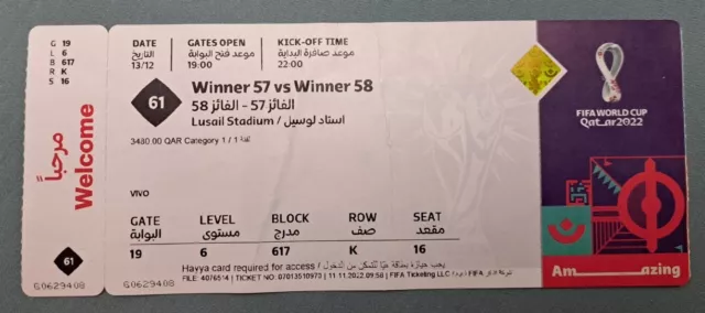 Sammler Used Ticket 2022 Fifa World Cup #61 Argentina - Croatia S. Final Messi