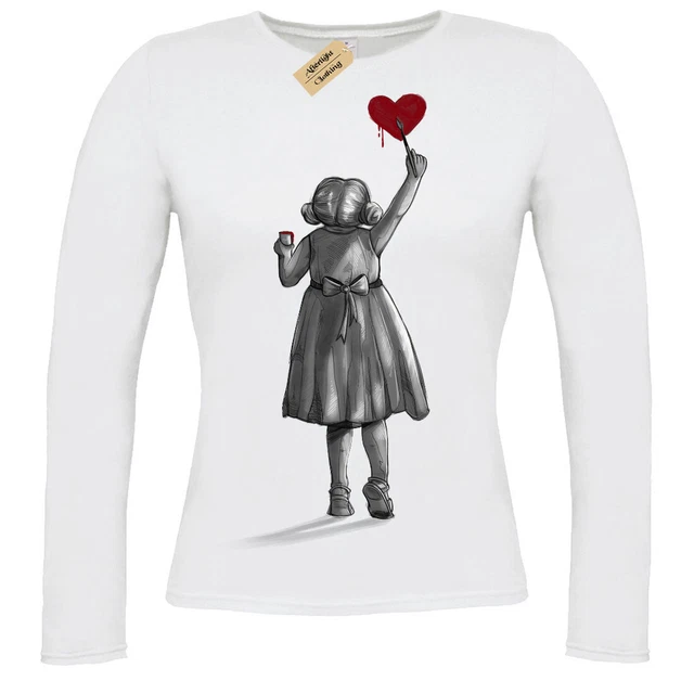 Crea T-Shirt Bansky Bambina Carino Cuore da Donna Manica Lunga Artista Regalo