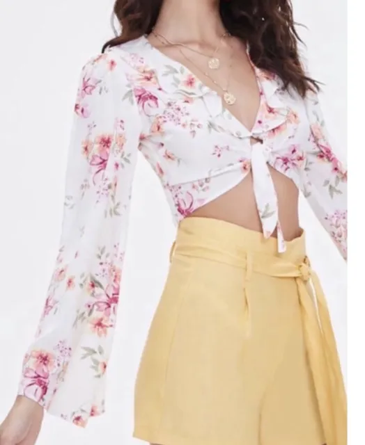 NWT Forever 21 Self Tie Crop Floral Top Sz M