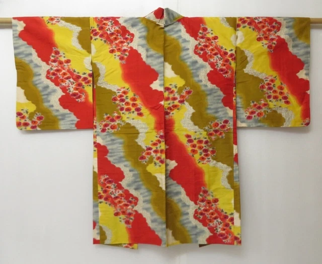 2323T08z500 Vintage Japanese Kimono Silk MEISEN HAORI Flower Red