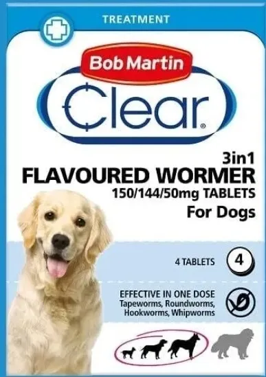 Dog Wormers! Bob Martin Clear 3-in-1 Up To 40kg For Dogs 150/144/50mg TABLETS