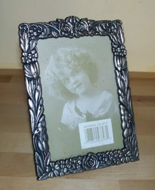 Vintage Ornate Heavy Pewter Picture Frame Floral Design Made in Korea