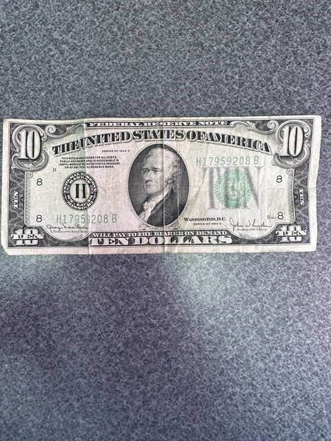 10 Dollar Bill 1934 D Federal Reserve Note Bank of Washington D.C. Green Seal