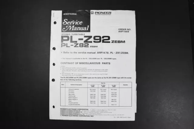 Pioneer PL-Z92 PL-Z82 PL-Z91 PL-Z-81 Service Manuals - Genuine Original