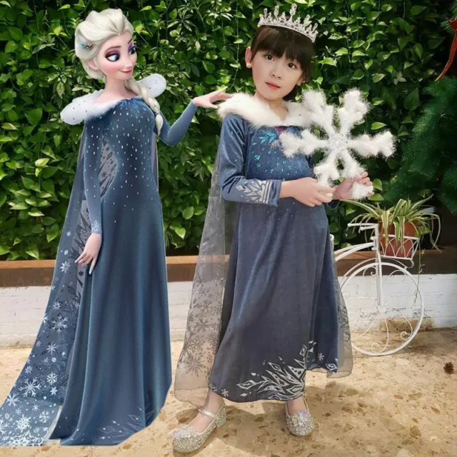 UK Elsa Girls Princess Dress Queen Cosplay Costume Grils Fancy Dress&Crown Elsa