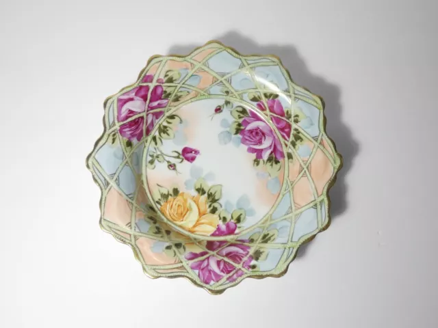 Vintage Porcelain Bowl Pink Yellow Hand Painted Roses Gold Trim