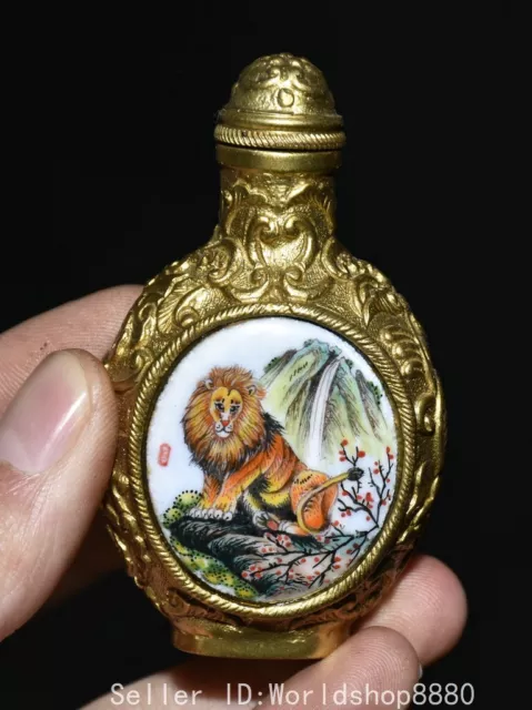 3" Old Chinese Qianlong Marked Copper Gilt Enamel Lion Tiger Flower Snuff Bottle
